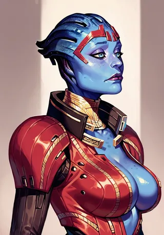 Profile of a blue-skinned alien woman wearing a detailed red suit with golden collar and a red tiara, illustrated in a low saturation cartoon style.