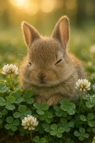Close-up of a photorealistic baby rabbit sleeping peacefully nestled in green clover with morning dew droplets, illuminated by warm sunrise light.