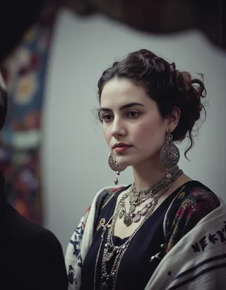 Cinematic and photo-realistic portrait of a young Amazigh Berber woman wearing traditional ethnic dress, silver jewelry, and a shawl, illuminated by dramatic moody lighting with dark background.