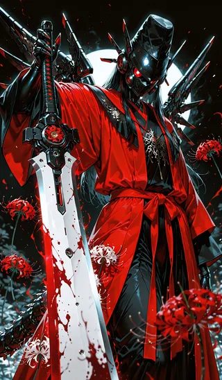 A dark-themed cyborg warrior wearing a red traditional robe and a black mechanical mask stands holding a large blood-spattered mechanical sword, surrounded by red spider lilies under a glowing full moon.