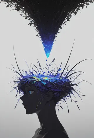 Silhouette of a girl with plants and radiant blue fractal patterns growing from her head, topped with a darkspace vortex in triadic colors against a flat background.