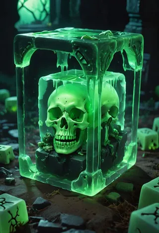 A glowing green translucent gelatinous cube containing human skulls suspended inside, resting on a dark graveyard floor with eerie lighting