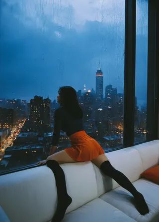 A woman with dark hair wearing a black top and orange skirt shorts with knee-high socks sits on a white sofa, looking out a large rain-dappled window at the New York City skyline at night.
