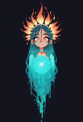 Digital portrait of a tribal goddess with teal hair, glowing turquoise sacred geometry patterns on her body, and an ornate fiery headdress against a dark background.
