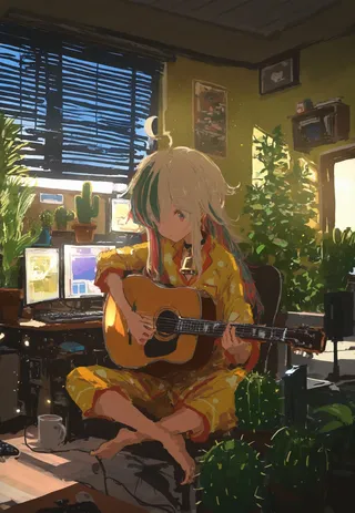 Person with multicolored hair sitting indoors in pajamas, playing an acoustic guitar surrounded by multiple monitors and green plants with light rays streaming through window blinds.