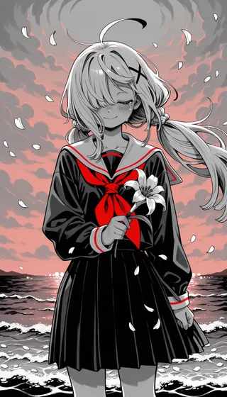 Monochrome anime girl with platinum blonde braided twintails in black and red serafuku holding a white lily, standing by the ocean with a pink cloudy sky background and falling white petals.