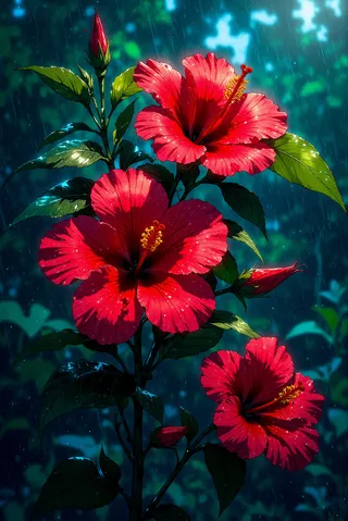 Vibrant red hibiscus flowers with detailed petals and yellow stamens, glistening with raindrops, set against deep teal and indigo tropical foliage in an anime-style digital painting.