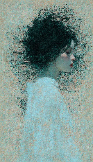 Profile of a young woman in anime art style with curly black hair blending into swirling abstract Turing patterns background, featuring soft ethereal facial features and geometric lines.