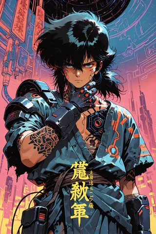 A black-haired boy with cyberpunk 1980s style wearing gloves and futuristic armor, detailed tattoo, archaic Japanese text in the background