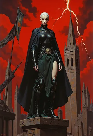 Athletic pale-skinned woman with short platinum hair in black leather and dark emerald robes, standing on a crumbling cathedral spire under lightning in a blood-red stormy sky.