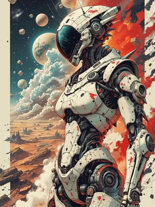 Side profile of a futuristic mech soldier with worn white armor, red battle marks, cybernetic implants, and a reflective visor, set against a vibrant cosmic background with nebula clouds and planets.