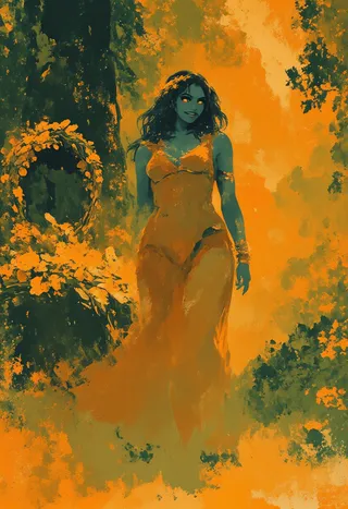 A voluptuous faun woman with mossy skin and amber eyes dances barefoot in a golden glade surrounded by sunflowers and bees, with a wreath of fruit and bones on an altar behind her.
