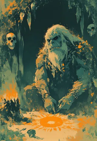 A troll man with a knotted beard entwined with feathers and bone charms squats by a smoky fire pit, arranging a bright sun symbol in the dirt, with crow skulls and a rustic wooden shelter in the background.