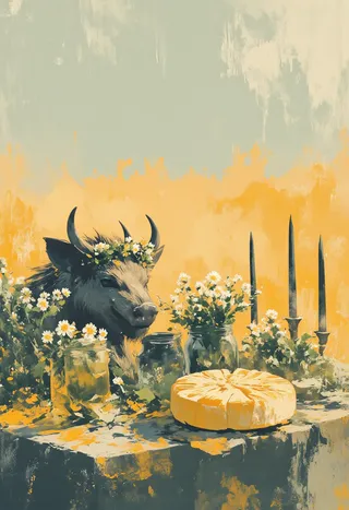 A ritual table set outdoors with a boar's head crowned with daisies, surrounded by jars of mead, flowers, black candles, and a spiral-cut cheese on a stone altar.