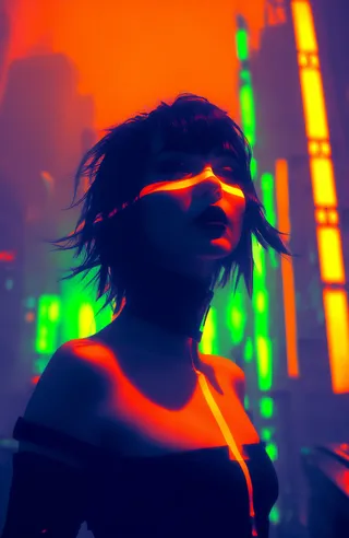 Close-up portrait of a woman with messy punk hair and black choker illuminated by vibrant neon orange and green light streaks against a blurred futuristic cityscape background.