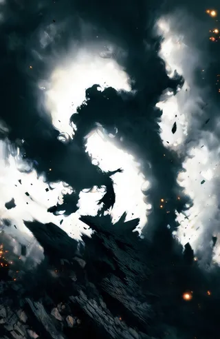 Silhouette of a lone figure with arms outstretched standing on a rocky jagged terrain surrounded by swirling black clouds and debris with a bright white light source behind, creating a dramatic backlight effect with scattered orange sparks.