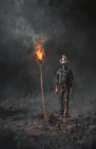 A dark, eerie scene of a burned out match figure with glowing eyes standing in a shadowy forest near a fiery torch.