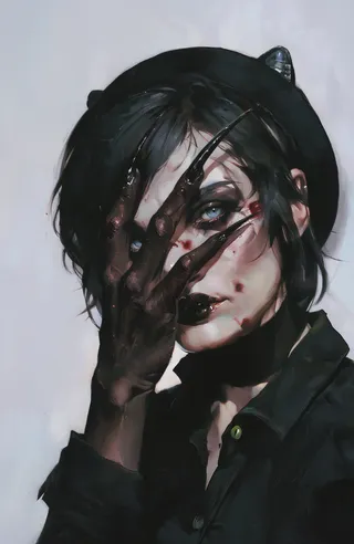 Close-up painting of a pale-skinned woman with striking blue eyes partially covered by her black clawed hand, wearing a black hat with small metallic animal-like ears and a dark shirt, blood smeared on her face and hand, set against a light gray background.