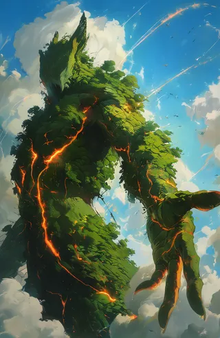 A towering tree-like creature with a deer-like head covered in lush green foliage and glowing orange energy lines, standing against a bright blue sky with clouds and birds.