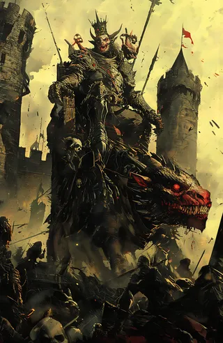 A heavily armored demon king with a skull crown seated on a throne of bones atop a fierce dragon during a castle siege, surrounded by warriors and debris.
