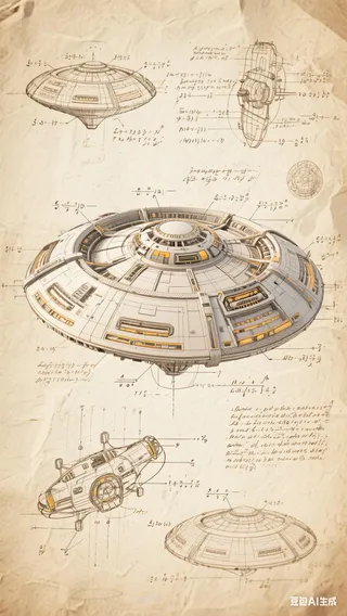 Detailed Tesla manuscript showing a UFO design with complex mechanical structures and annotations on a paper-textured background, featuring partial 3D rendering and intricate technical details.
