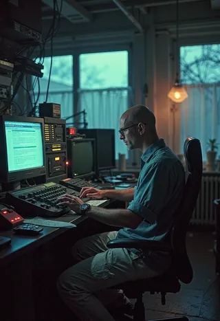 A bald man wearing glasses, gray shirt, and white cargo pants sits in an old laboratory at a computer, surrounded by vintage electronic equipment, illuminated by dim light at dawn.