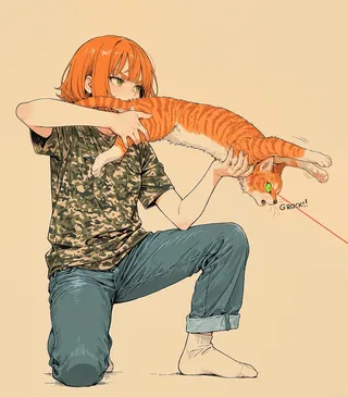 A comic-style illustration of a ginger-haired girl wearing a camo shirt and denim pants kneeling while holding a stretched orange tabby cat with laser beams coming from its green eyes.