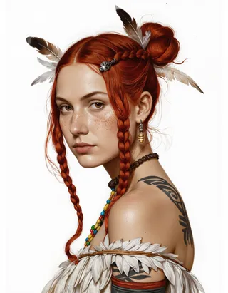 Photo-realistic portrait of a young woman with red hair styled in a braided bun adorned with feathers, showcasing freckles, tribal tattoo, and beaded jewelry against white background.