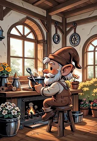 Chibi gnome blacksmith with white beard and brown hat sitting on a wooden stool, working in a cozy indoor fantasy workshop with wooden floors, flowers, and tools.