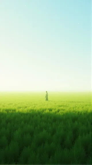 A vast green meadow with tall grasses swaying lightly, a lone figure standing peacefully in the distance under a soft blue sky with gentle sunlight.