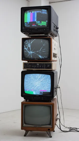 Stack of four mismatched vintage CRT televisions with glitching, cracked, and static-filled screens in a white studio setting.