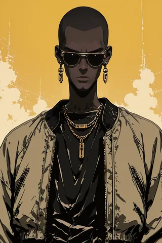 Dark-skinned male with buzz cut in retro cyberpunk style wearing sunglasses, multiple gold necklaces and earrings, black shirt and beige jacket, against a yellow gradient background.