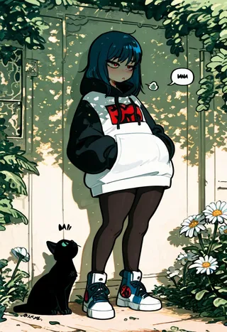 A girl wearing a black and white oversized hoodie, pantyhose, and sneakers stands with hands in pockets, accompanied by a black cat and surrounded by daisies in dappled sunlight.