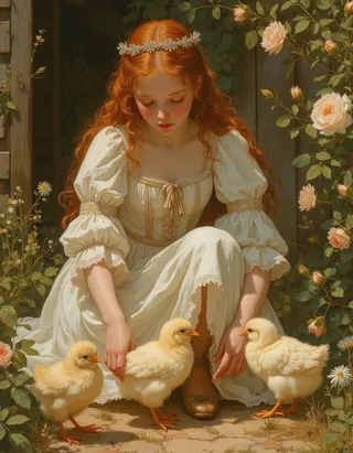A teen princess with long red hair in a Victorian-style cream dress squats in a garden, gently interacting with three fluffy baby chicks amidst blooming flowers.