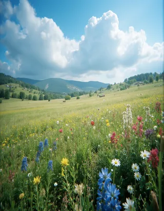 A vibrant floral field with colorful flowers including blue, yellow, and white blossoms, backed by green hills and a bright blue sky dotted with white puffy clouds.