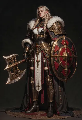 Blonde warrior woman in detailed gold and black medieval armor with a fur-lined cloak, holding a large ornate axe and shield, set against a dark background with realistic lighting.