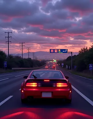 Rear view of a red 1994 Nissan 300ZX driving on a Japanese highway at dusk, with glowing red taillights and neon road signs, under a dramatic purple and pink sky.