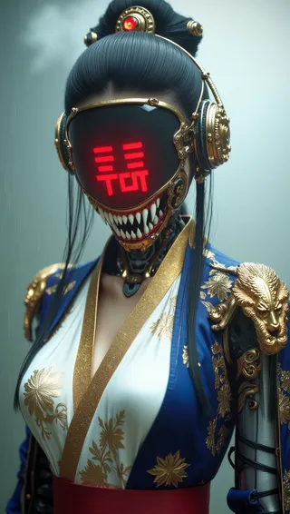A futuristic cybernetic warrior woman wearing a detailed modernized Korean hanbok with gold floral embroidery, featuring a high-tech metallic face visor displaying glowing red Hangul characters and sharp metallic teeth.