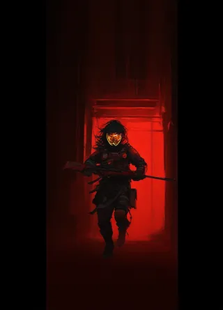 A female soldier in combat armor with a glowing red visor running through a dark corridor holding a sniper rifle, illuminated by intense red light.