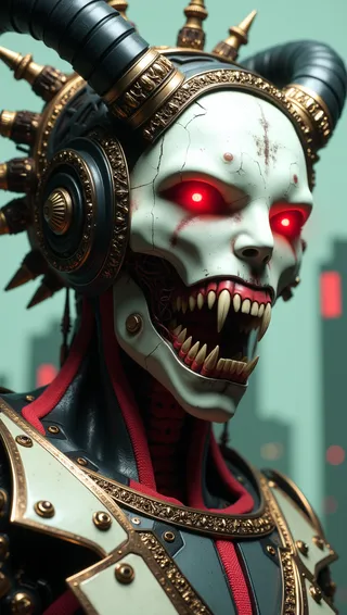 CGI-rendered Necropolis King featuring a cracked white biomechanical face with glowing red eyes, jagged metallic teeth, and large black mechanical horns topped with gold, against a teal background.