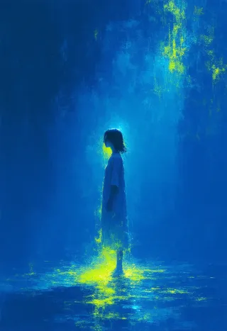 A solitary girl stands bathed in neon yellow light within a vast indigo dreamscape, surrounded by abstract, textured blue tones and hints of fragmented architectural shapes.