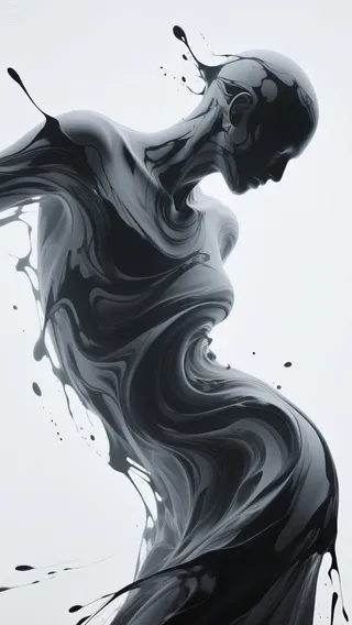 A dynamic and distorted human silhouette in black ink style with fluid swirling shapes and splashes, on a clean white background.