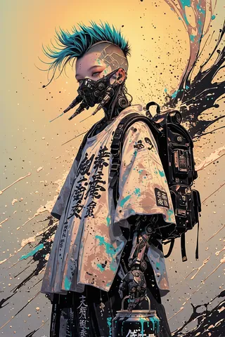 Androgynous figure with blue mohawk and mechanical arms wearing oversized clothes and a mouth mask, holding a paint can with Japanese text on a splattered background.