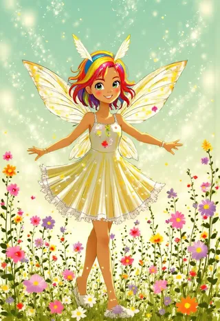 A cheerful fairy girl with rainbow colored hair and translucent butterfly wings dancing joyfully in a colorful flower field during golden hour.