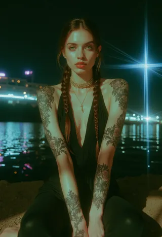 Portrait of a young woman with gothic tattoos on her arms sitting by a dark waterfront at night, braided hair and wearing a slim column dress with a glowing cityscape background.