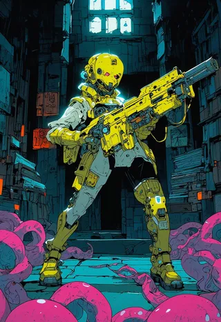 A mecha girl wearing a yellow and white exoskeleton holding a large handgun stands in a dimly lit old castle hall surrounded by pink tentacles and ancient artifacts.