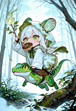 Chibi girl with white hair, green veil, and branch-like ears riding a green lizard through a misty forest, holding a lit branch, biting a donut.