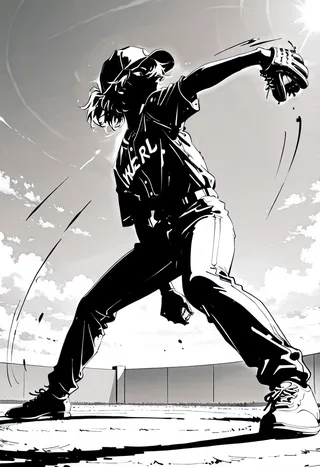Monochrome dynamic ink splash style illustration of a baseball pitcher in mid-throw pitching pose with detailed background and foreshortening perspective.