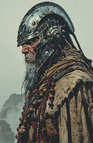 Close-up side profile of an elderly warrior with a weathered face, long gray beard, wearing a heavily armored metallic helmet with intricate mechanical mask and a tattered brown cloak adorned with wooden beads and metal chains, set against a misty gray background.