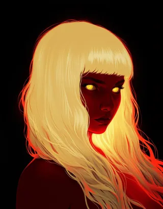 Photorealistic portrait of a mysterious woman with long blonde hair illuminated by a glowing red light, staring intensely with glowing yellow eyes against a dark background.